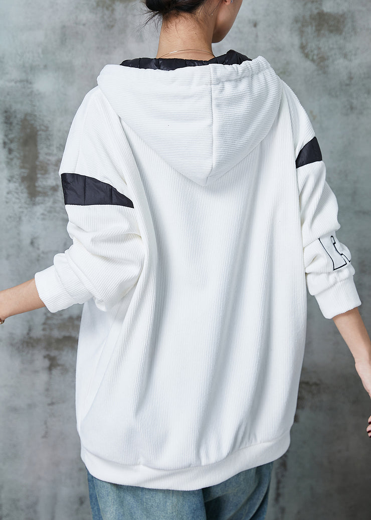 White Patchwork Warm Fleece Sweatshirts Top Oversized Drawstring Spring