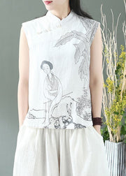 White Print Linen Shirt Top Mandarin Collar Sleeveless