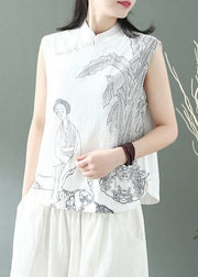 White Print Linen Shirt Top Mandarin Collar Sleeveless