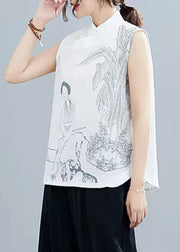 White Print Linen Shirt Top Mandarin Collar Sleeveless