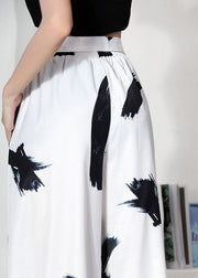 White Print Loose High Waist Tie Waist Summer Wide Leg Pants