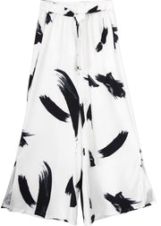 White Print Loose High Waist Tie Waist Summer Wide Leg Pants