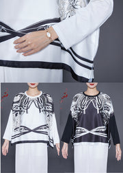 White Print Satin Tops Oversized Side Open Batwing Sleeve