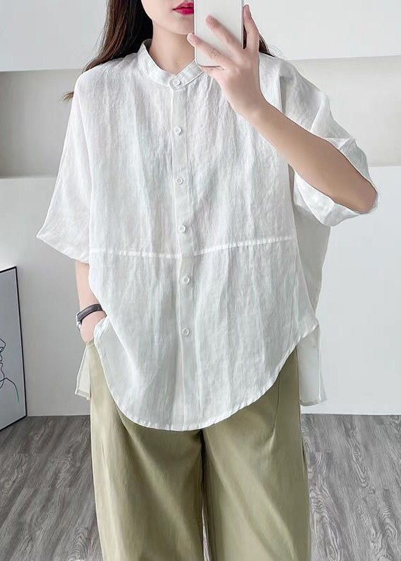 White Side Open Cotton Blouses O Neck Half Sleeve