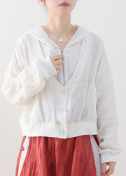 White Solid Linen Fake Two Piece Coats Zip Up Batwing Sleeve