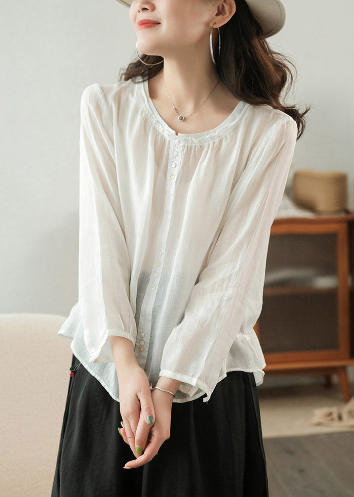 White Solid Patchwork Ruffles Linen Shirt Top Three Quarter sleeve