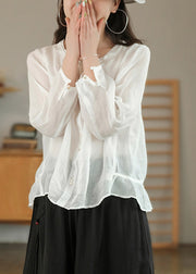 White Solid Patchwork Ruffles Linen Shirt Top Three Quarter sleeve