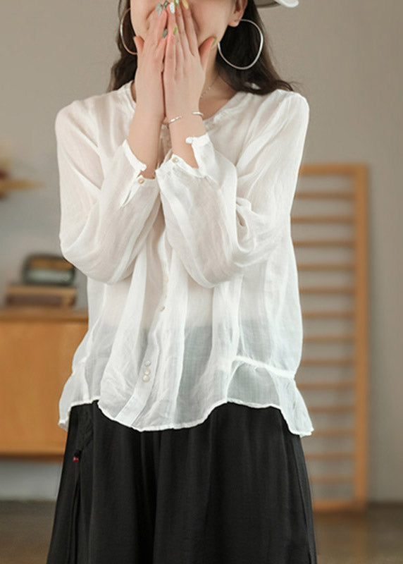 White Solid Patchwork Ruffles Linen Shirt Top Three Quarter sleeve