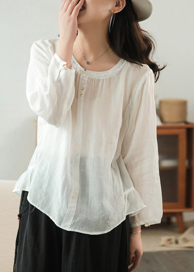 White Solid Patchwork Ruffles Linen Shirt Top Three Quarter sleeve