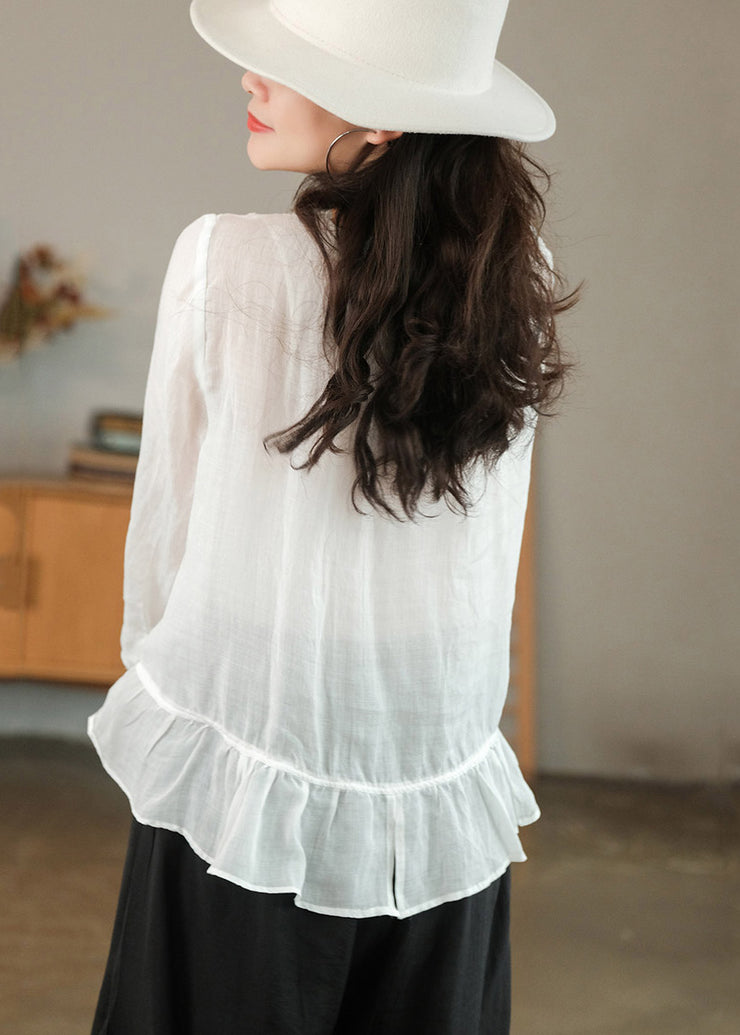 White Solid Patchwork Ruffles Linen Shirt Top Three Quarter sleeve