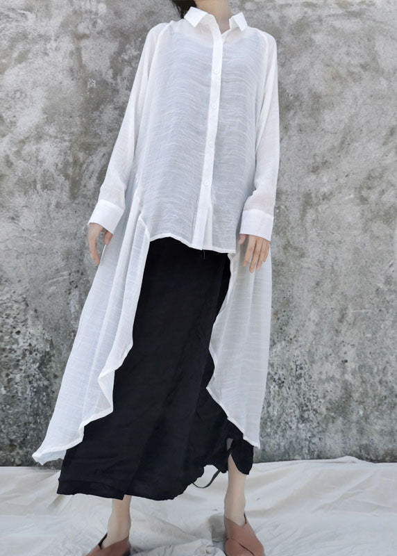 White Turn-down Collar Linen Shirts Asymmetrical Design Long Sleeve