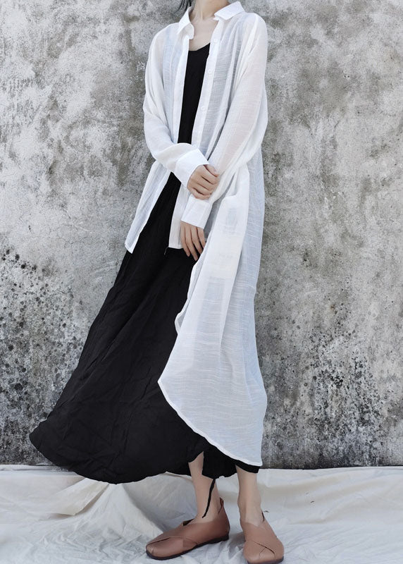 White Turn-down Collar Linen Shirts Asymmetrical Design Long Sleeve