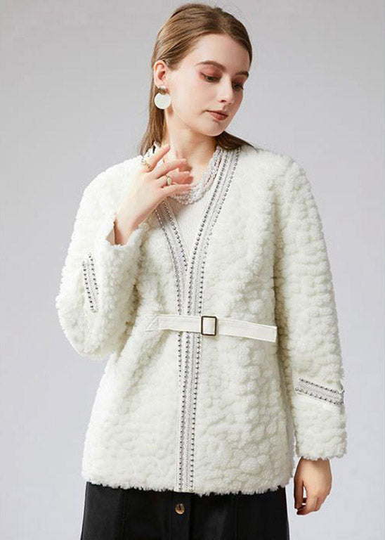 White V Neck Sashes Faux Fur Coat Winter