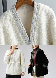 White V Neck Sashes Faux Fur Coat Winter