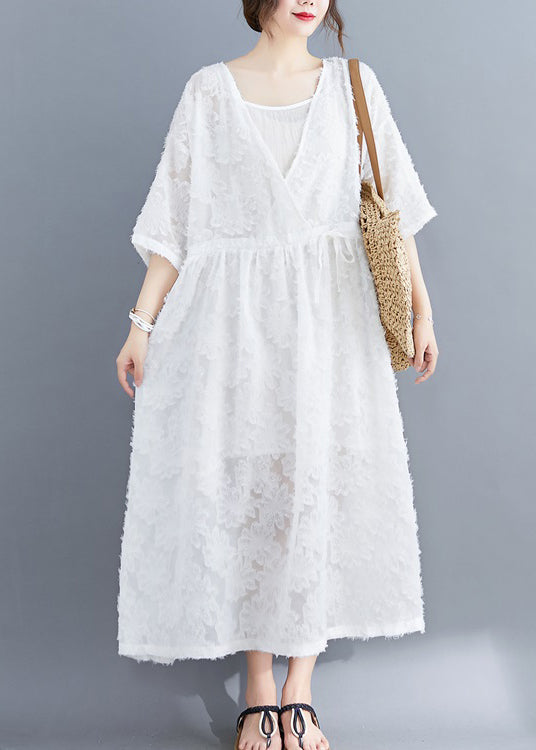 White Women Extra large hem Long Dress Two Pieces Sets Cinched Half Sleeve