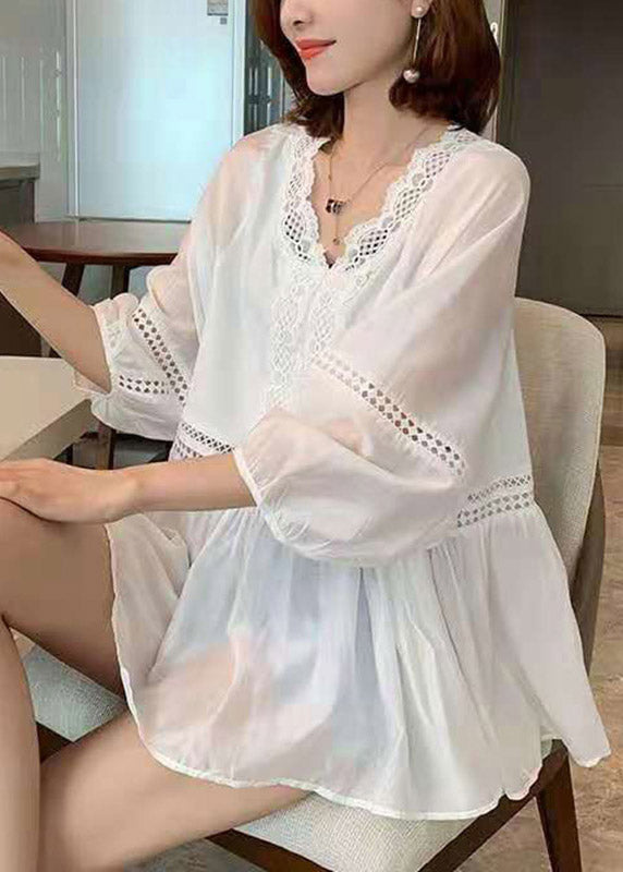 White Wrinkled Out Patchwork Lace Top Puff Sleeve