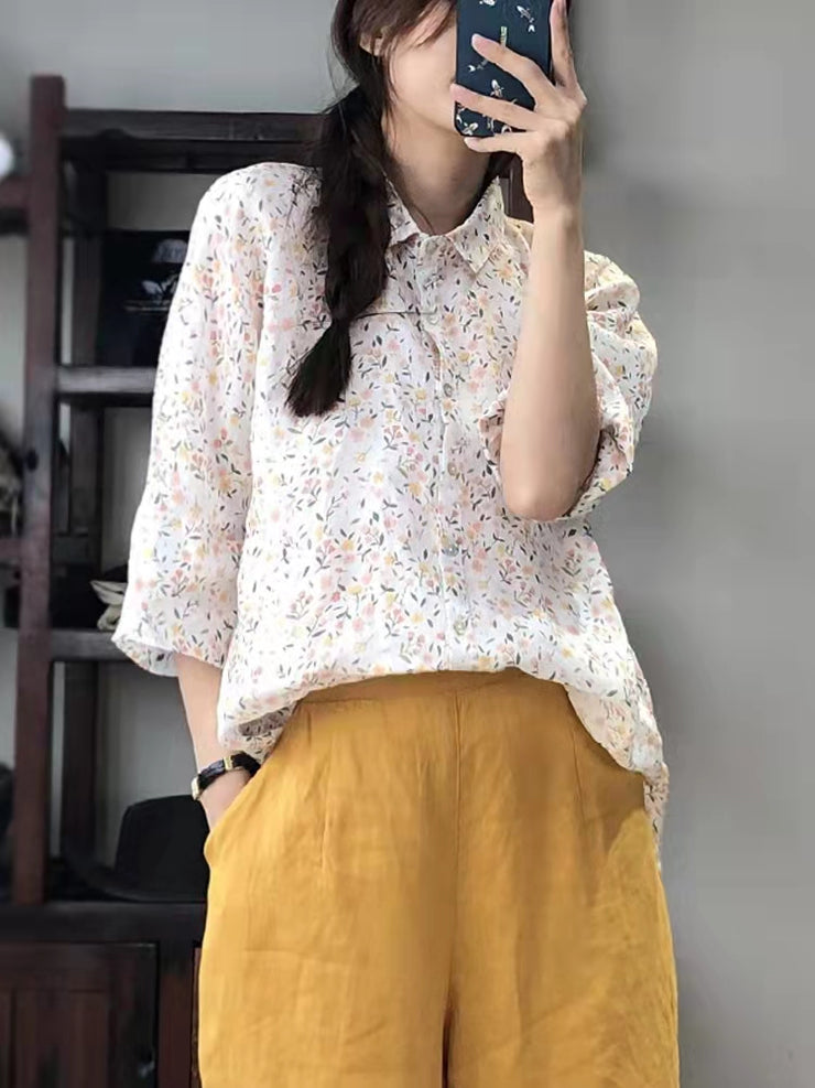 White Print Linen Blouse Tops Peter Pan Collar Button Long Sleeve