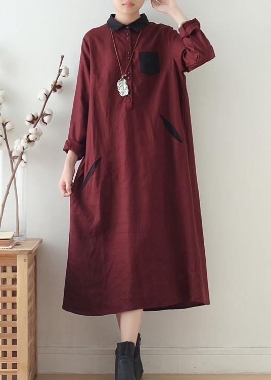 Wine Red Large Linen Long Shirt Dress Robe - bagstylebliss