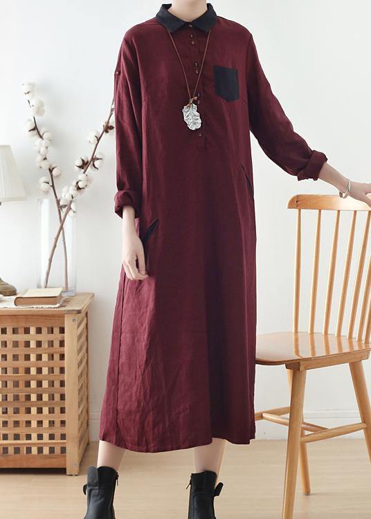 Wine Red Large Linen Long Shirt Dress Robe - bagstylebliss