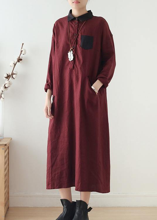 Wine Red Large Linen Long Shirt Dress Robe - bagstylebliss