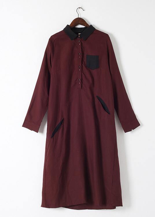 Wine Red Large Linen Long Shirt Dress Robe - bagstylebliss