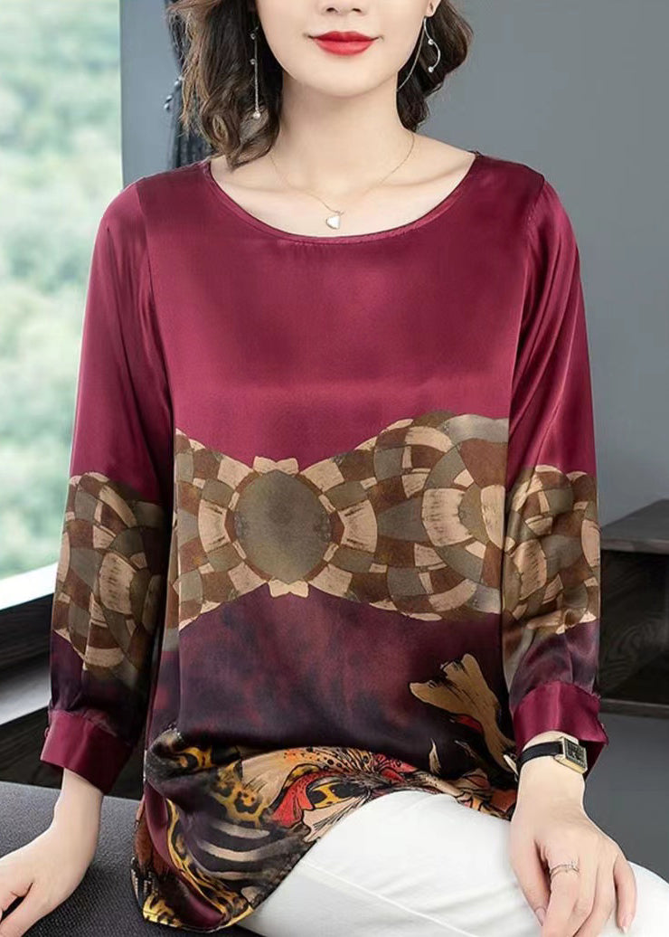 Wine Red Print Patchwork Silk Tops Long Sleeve