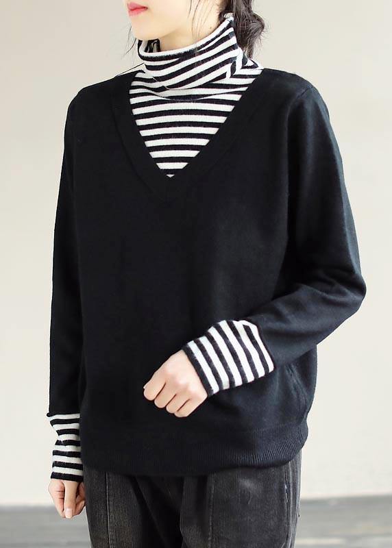 Winter Spring Black Sweaters Loose fitting Patchwork High Neck Knit Tops - bagstylebliss