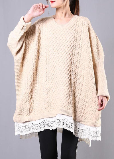 Winter beige knit top silhouette o neck Batwing Sleeve plus size clothing knitwear - bagstylebliss