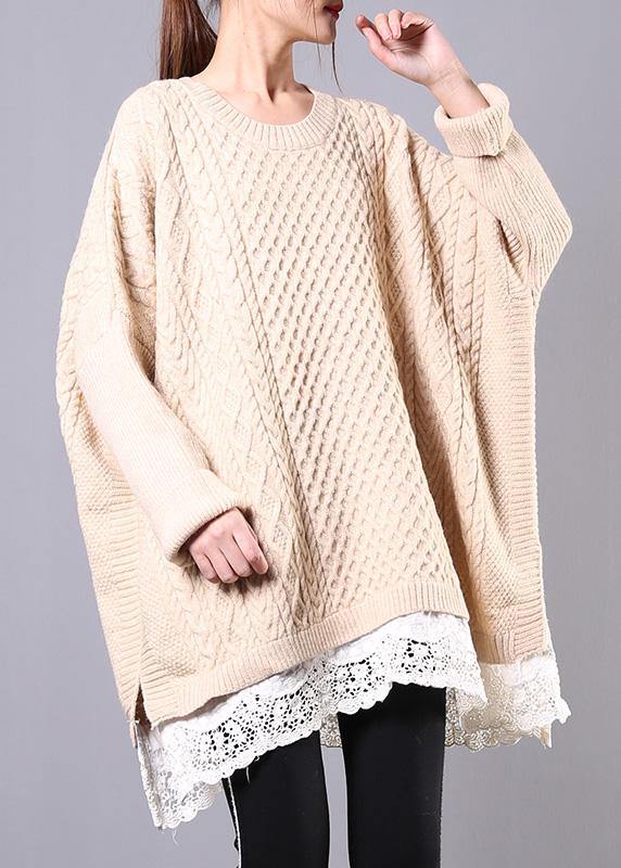 Winter beige knit top silhouette o neck Batwing Sleeve plus size clothing knitwear - bagstylebliss