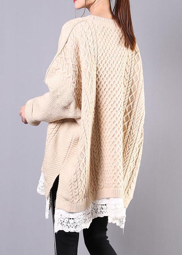 Winter beige knit top silhouette o neck Batwing Sleeve plus size clothing knitwear - bagstylebliss