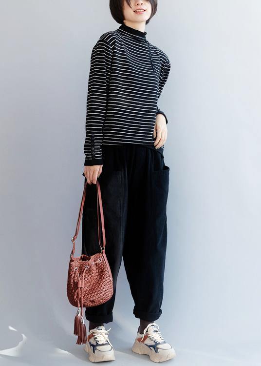 Winter black gray stripe clothes side open collar plus size clothing wild knitwear - bagstylebliss