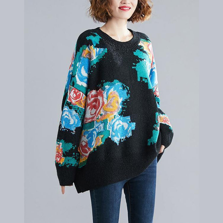 Winter black print knitted t shirt o neck plus size knit sweat tops - bagstylebliss