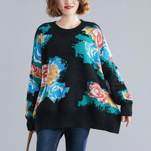 Winter black print knitted t shirt o neck plus size knit sweat tops - bagstylebliss