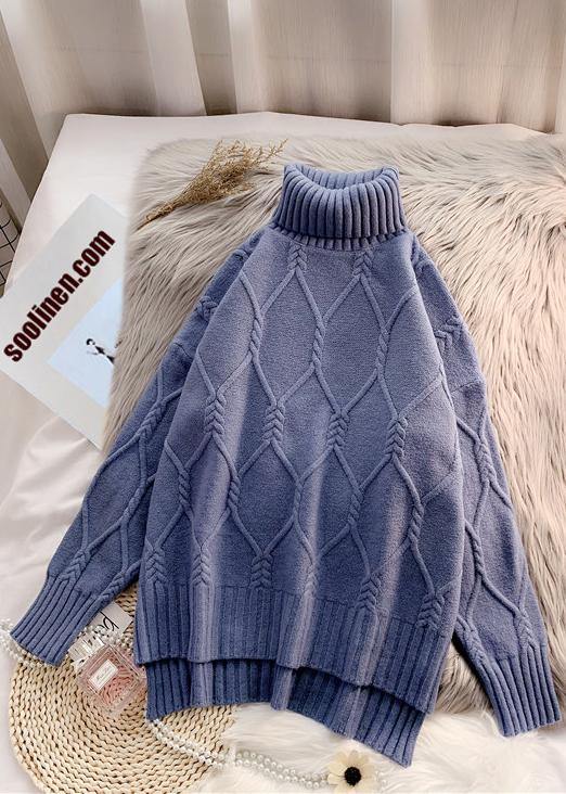 Winter blue clothes high neck baggy oversize knit tops - bagstylebliss