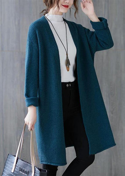 Winter blue knitted outwear plus size clothing fall v neck knitted coat - bagstylebliss