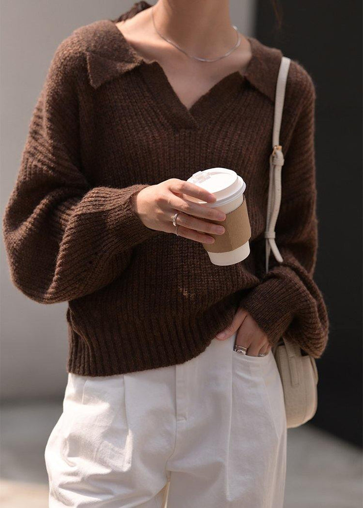 Winter chocolate knit sweat tops oversize v neck long sleeve sweater tops - bagstylebliss