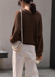Winter chocolate knit sweat tops oversize v neck long sleeve sweater tops - bagstylebliss