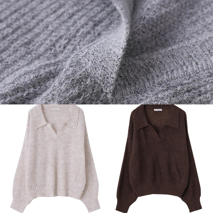 Winter chocolate knit sweat tops oversize v neck long sleeve sweater tops - bagstylebliss