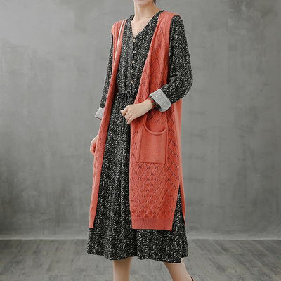 Winter knitted coat plus size orange v neck sleeveless long coats - bagstylebliss