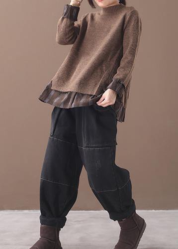 Winter o neck chocolate knitwear trendy plus size false two pieces knitted t shirt - bagstylebliss