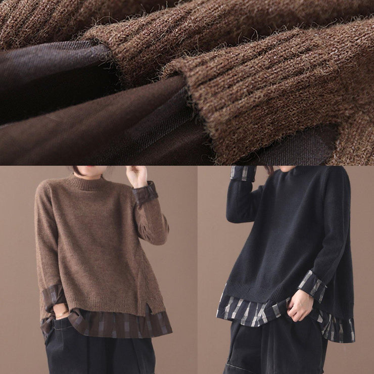 Winter o neck chocolate knitwear trendy plus size false two pieces knitted t shirt - bagstylebliss