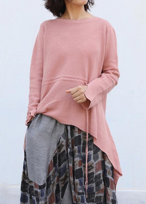 Winter o neck pink knitted blouse plus size clothing drawstring asymmetric top - bagstylebliss