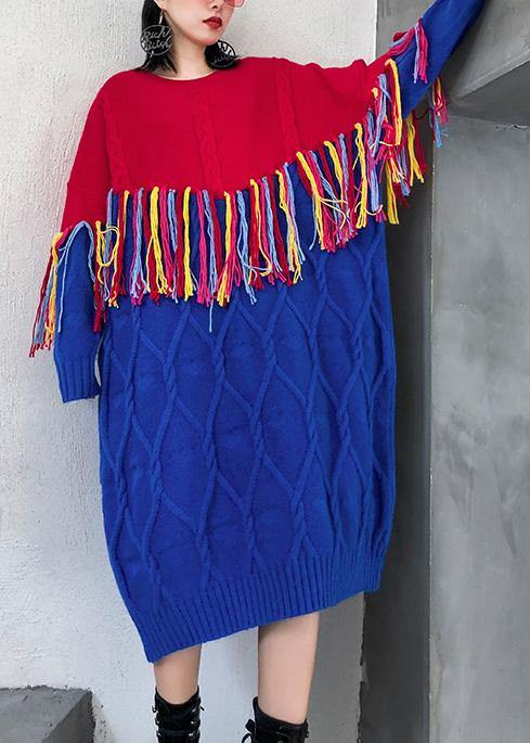 Winter o neck tassel Sweater weather Women blue patchwork red Mujer knitwear - bagstylebliss