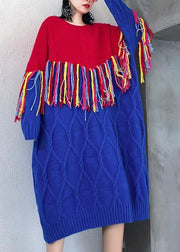 Winter o neck tassel Sweater weather Women blue patchwork red Mujer knitwear - bagstylebliss