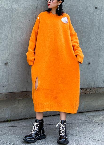 Winter orange Sweater knit dress Street Style o neck Hole Largo sweater dress - bagstylebliss