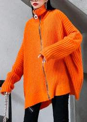 Winter orange knit tops trendy plus size high neck zippered knit blouse - bagstylebliss