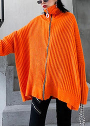 Winter orange knit tops trendy plus size high neck zippered knit blouse - bagstylebliss