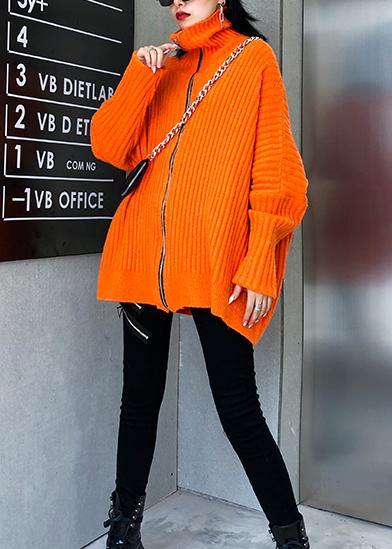 Winter orange knit tops trendy plus size high neck zippered knit blouse - bagstylebliss
