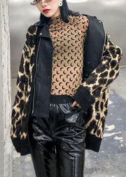 Winter patchwork knit outwear plus size clothing leopard false two pieces knit coats - bagstylebliss
