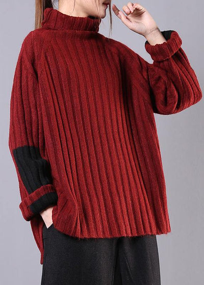 Winter red knitwear casual high neck baggy sweater tops - bagstylebliss